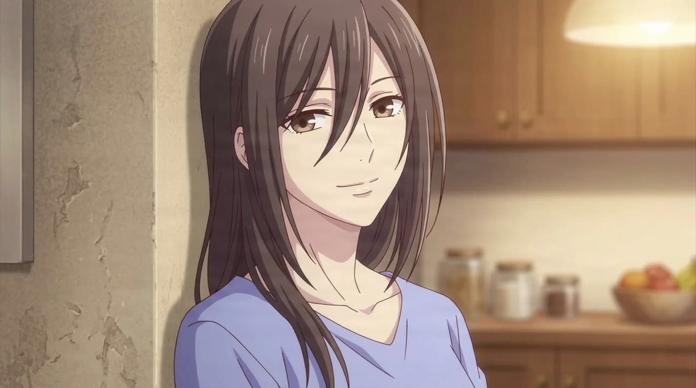 Kyo's mother, a woman with long dark brown hair in a lavender top, leaning against a wall and smiling gently in a softly lit kitchen