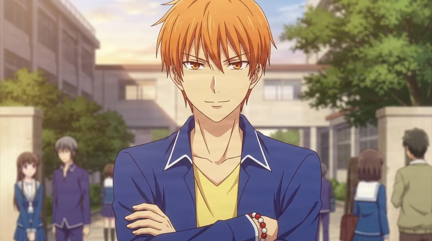 Kyo Sohma with bright orange hair and red eyes, arms crossed in a blue school jacket over a yellow shirt, a beaded bracelet on his wrist and classmates behind him