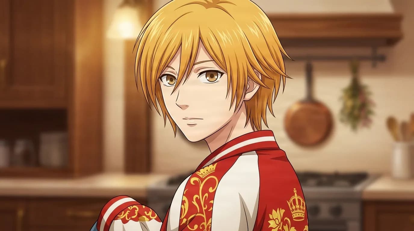 Kyoko Honda with short blonde hair and amber eyes, wearing a red and white jacket embroidered with gold crowns, glancing back in a warm kitchen