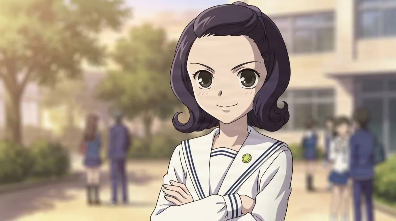 Mai Gotou with a dark curled bob, arms folded over a white sailor uniform with a small round badge, smiling in a sunlit schoolyard