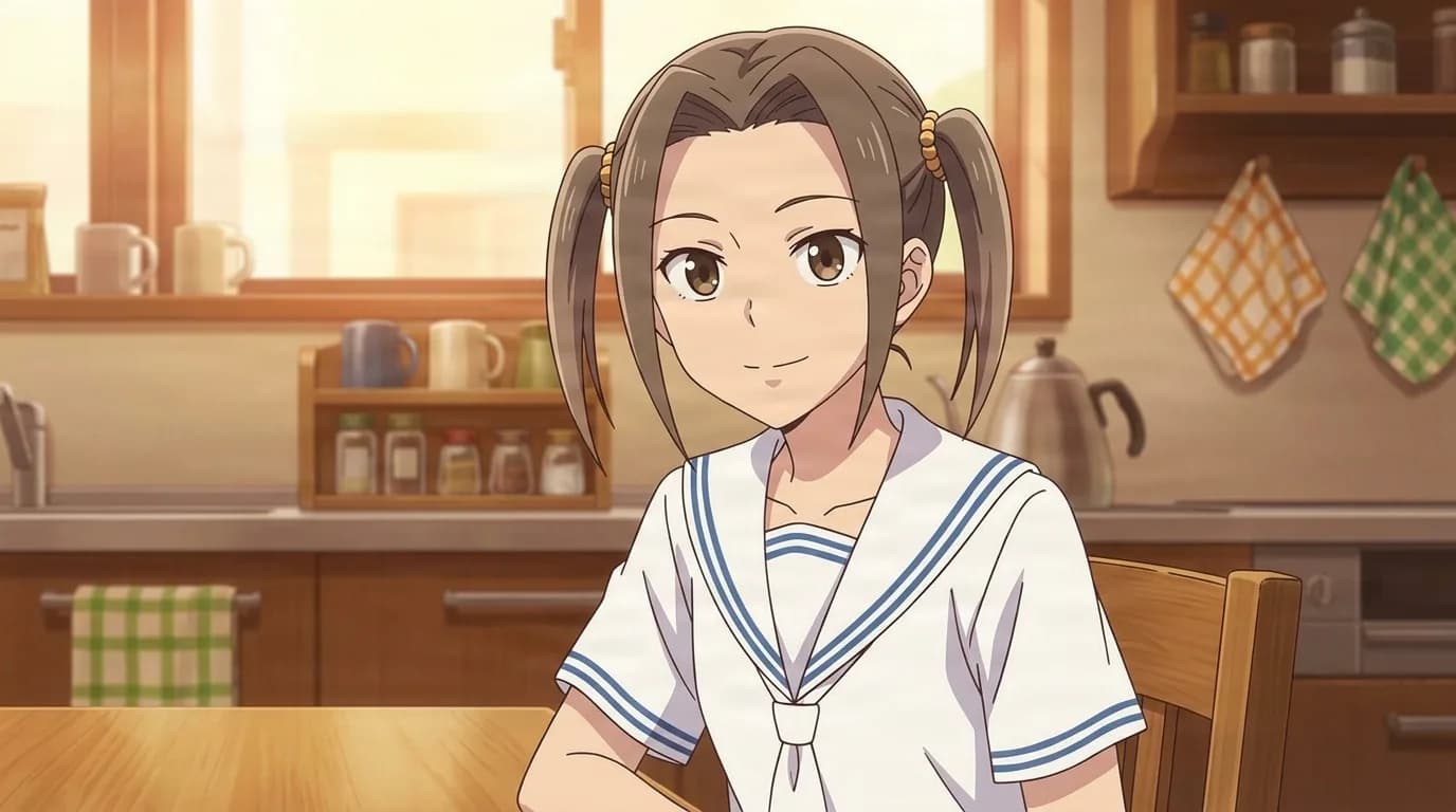Mai Iwata, a girl with light brown hair in low pigtails and a white summer sailor uniform, seated at a wooden kitchen table