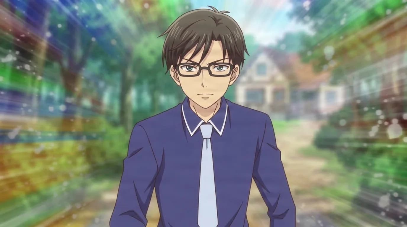 Makoto Takei, a dark-haired young man in glasses wearing a blue shirt and pale tie, standing on a wooded path in front of a house