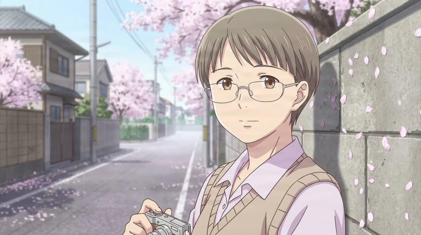 Mayuko's mother, a woman with a short brown bob and wire-rimmed glasses holding a compact camera, standing on a street under cherry blossoms