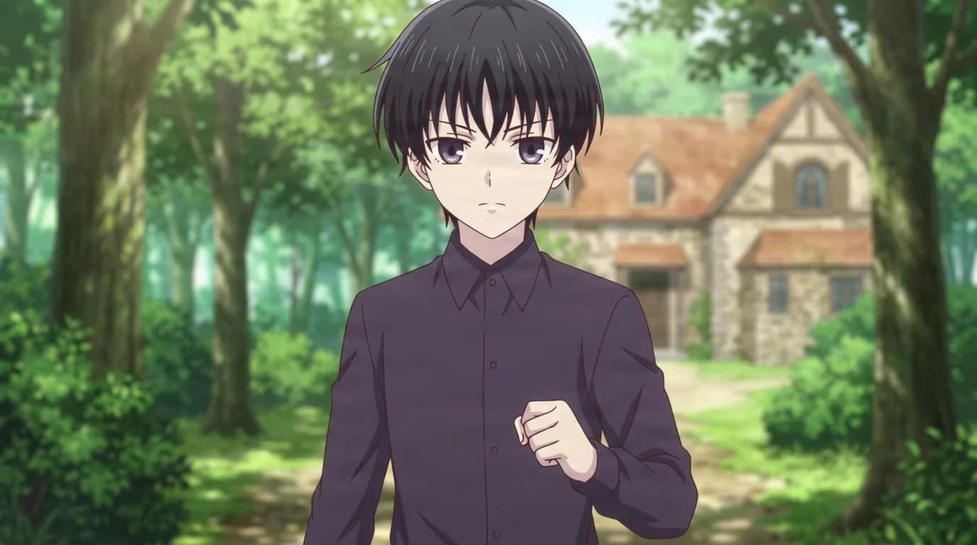 Megumi Hanajima, a black-haired boy with pale violet eyes in a dark button-up shirt, standing on a wooded path before a stone house