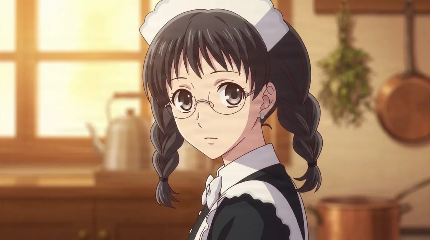 Mine Kuramae, dark braided pigtails and round glasses, wearing a black and white maid uniform with a lace headpiece in a rustic kitchen