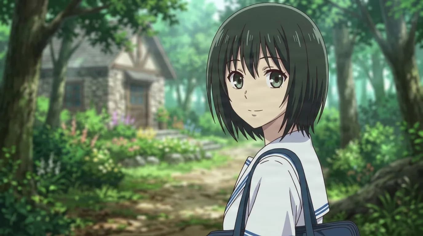 Mio Yamagishi, a short-haired girl in a white sailor uniform carrying a school bag, glancing back on a woodland path near a stone cottage