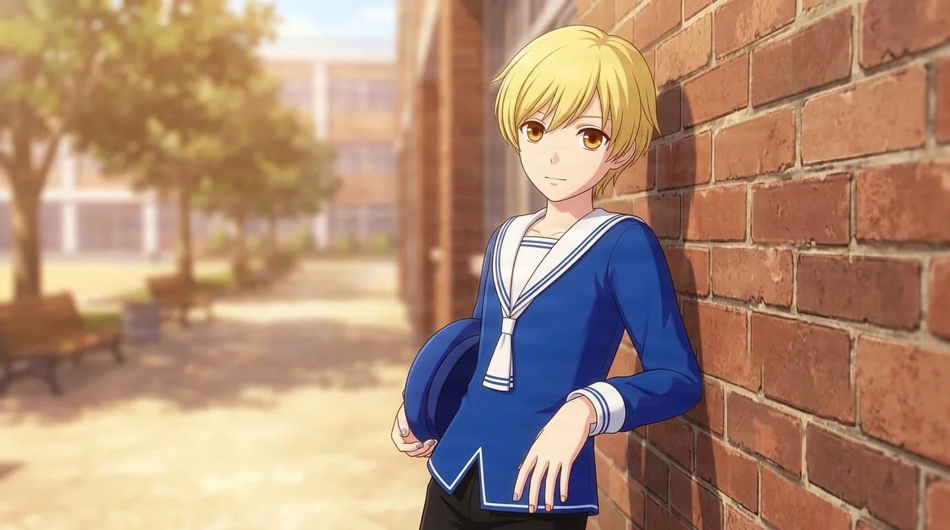 Momiji Sohma, a blond boy with amber eyes in a blue sailor-style school uniform, holding his cap and leaning against a brick wall