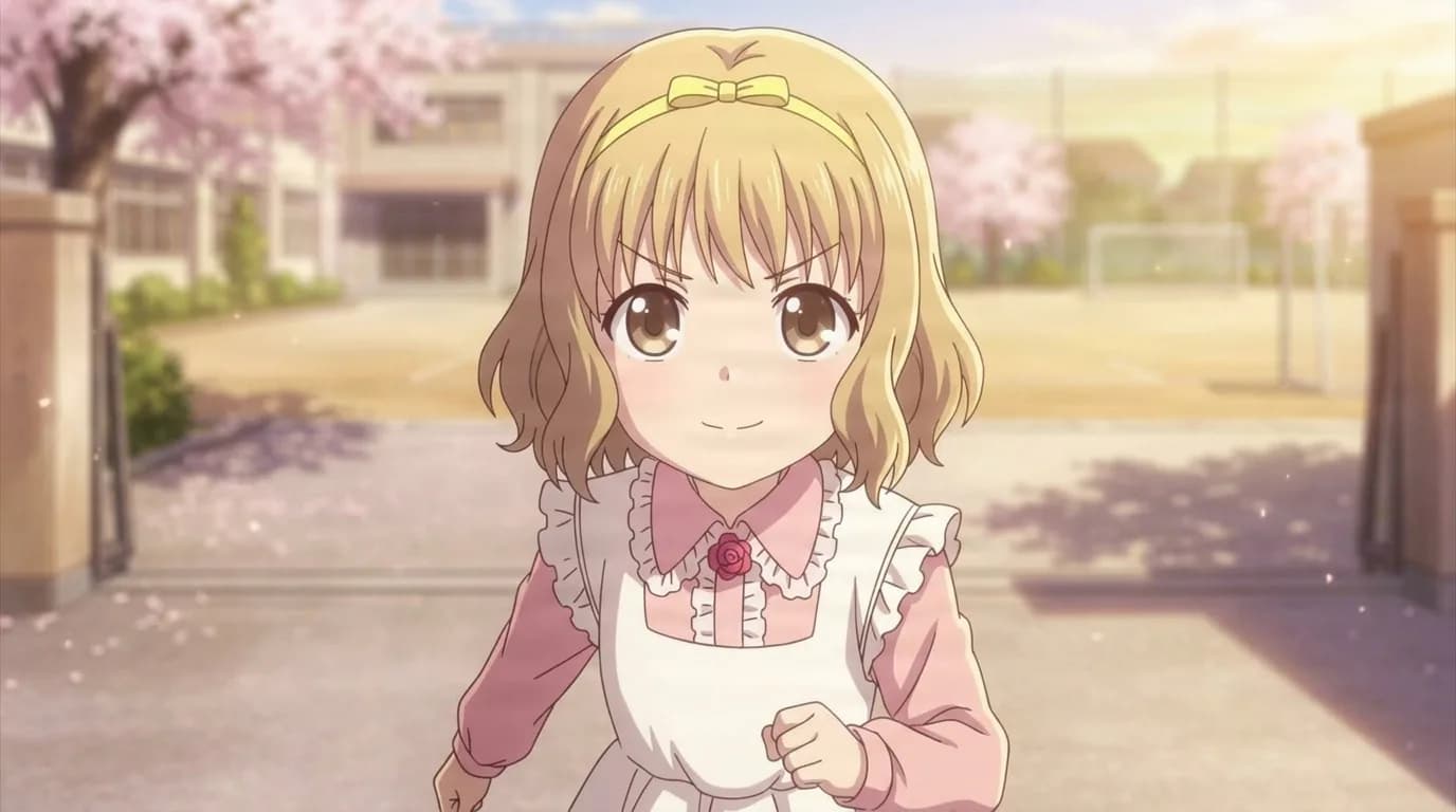 Momo Sohma, a small blonde girl with a yellow headband and a pink dress under a white pinafore, smiling at a school gate under cherry blossoms