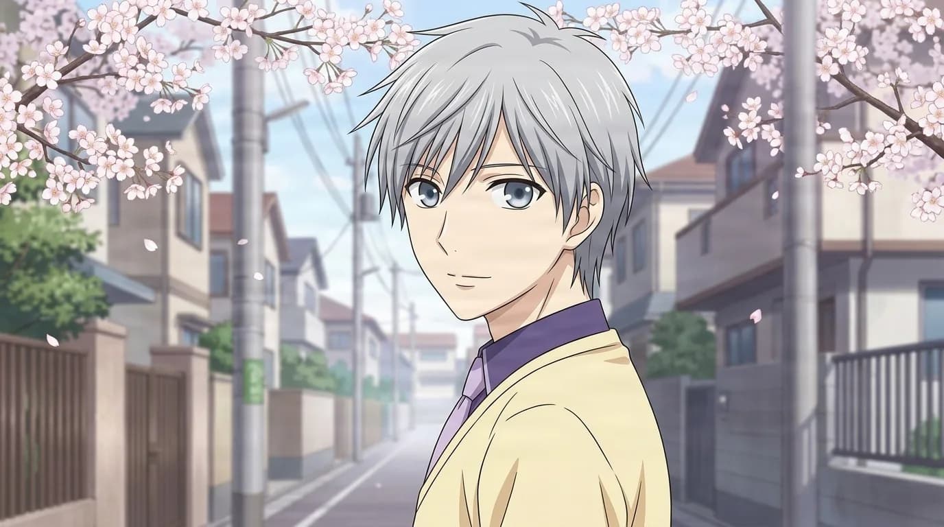 Mutsuki Sohma, a silver-haired boy with grey blue eyes in a pale yellow cardigan and lilac tie, glancing back on a street lined with cherry blossom