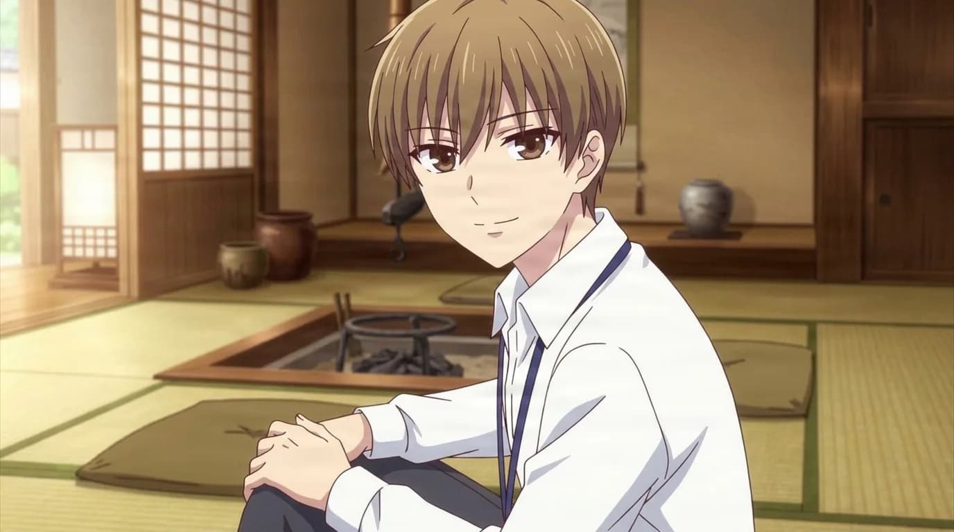 Naohito Sakuragi, a light brown haired boy in a white dress shirt, sitting beside a sunken hearth in a tatami room