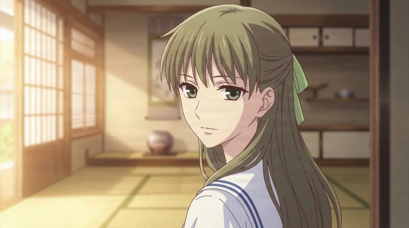 Rika Aida, an olive-haired girl with green eyes and a ribbon in her hair, looking back over the shoulder of her sailor uniform in a sunlit tatami room