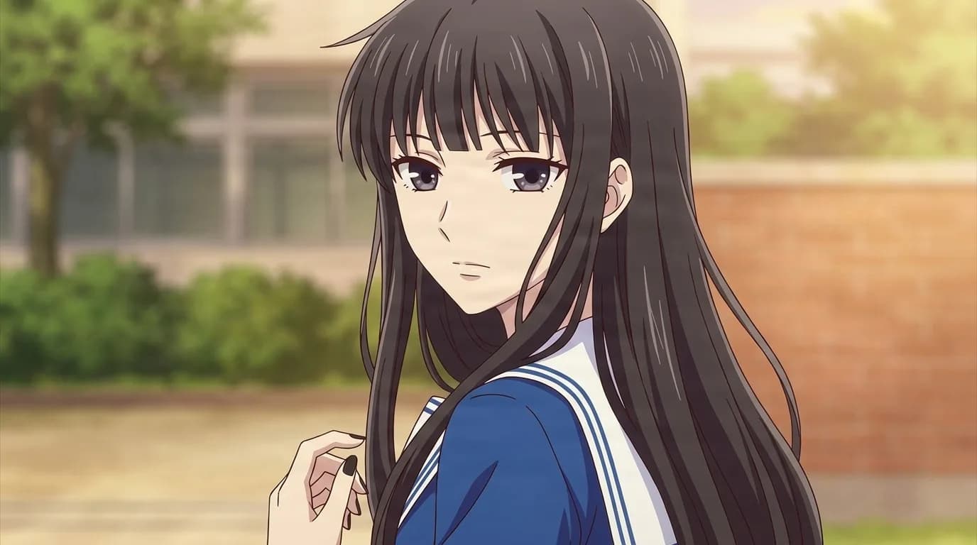Saki Hanajima, long black hair and grey eyes, wearing a navy sailor uniform with black nail polish, turning toward the viewer outside a school