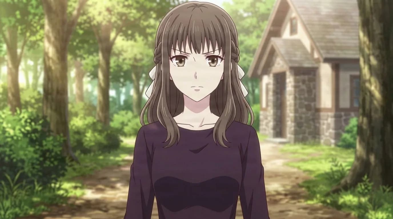 Saki's mother, a woman with wavy light brown hair tied back with white ribbons, wearing a deep purple top on a wooded path by a stone house