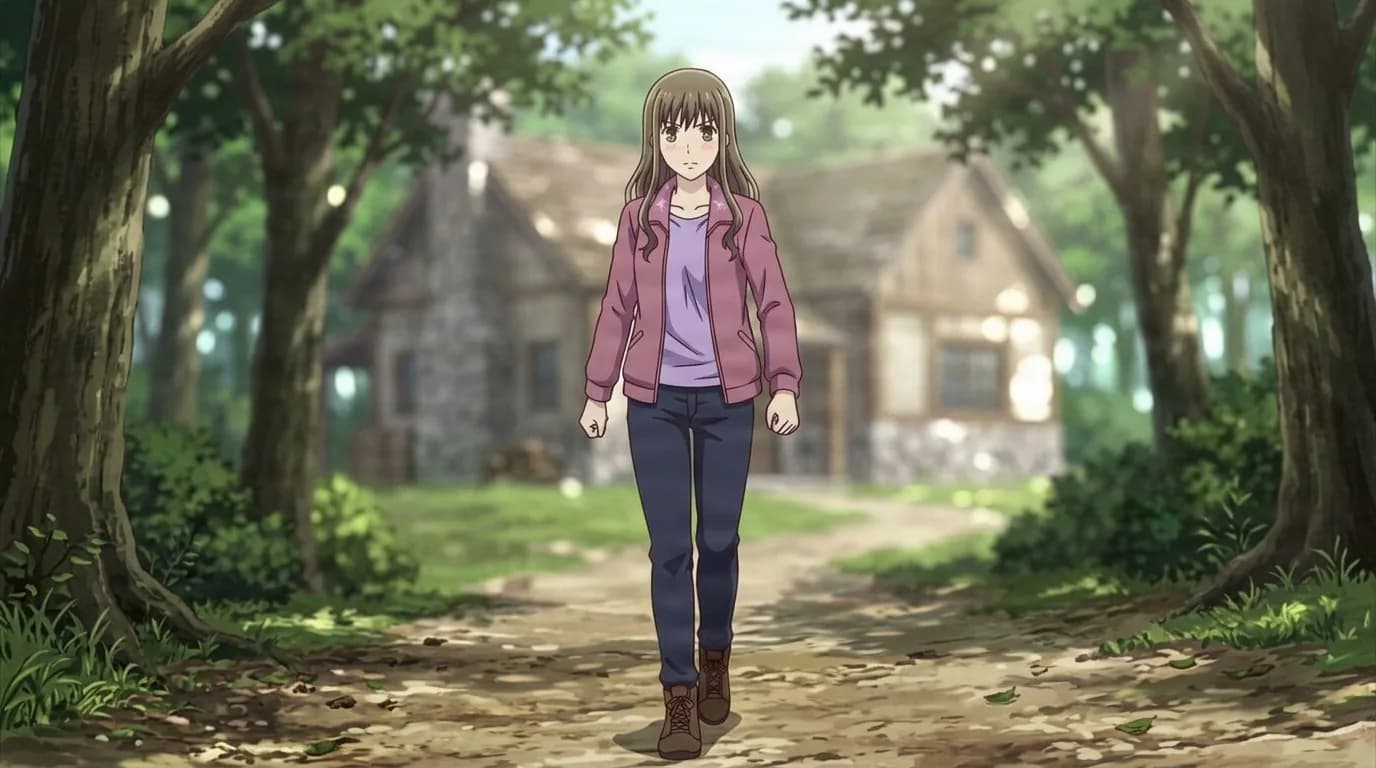 Satsuki Sohma, a long-haired woman in a dusty pink jacket over a lilac top and jeans, walking a wooded path between stone cottages