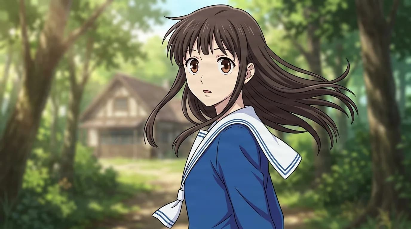 Sawa Mitoma with long brown hair caught in the breeze, wearing a blue and white sailor uniform and looking back on a forest path