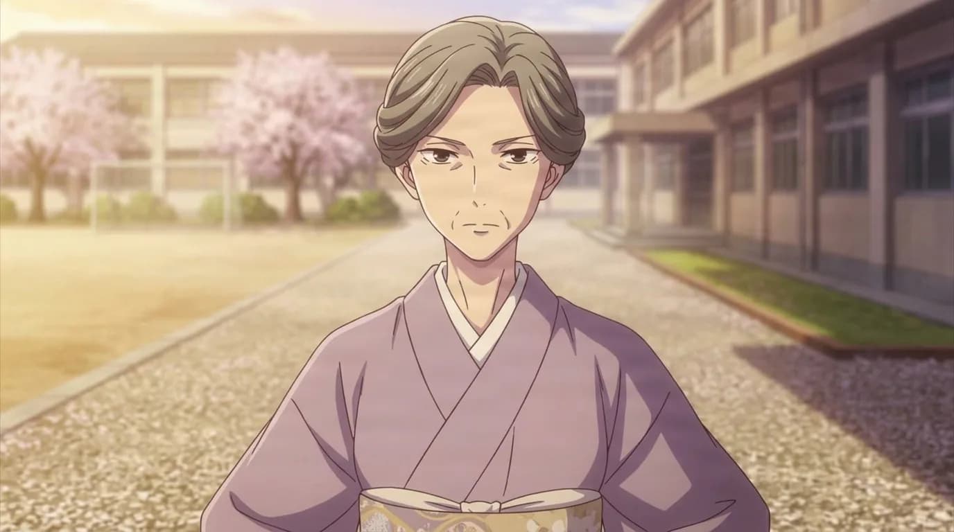An elderly Sohma housemaid with short greying hair, wearing a lavender kimono with a gold obi in a school courtyard under cherry blossoms