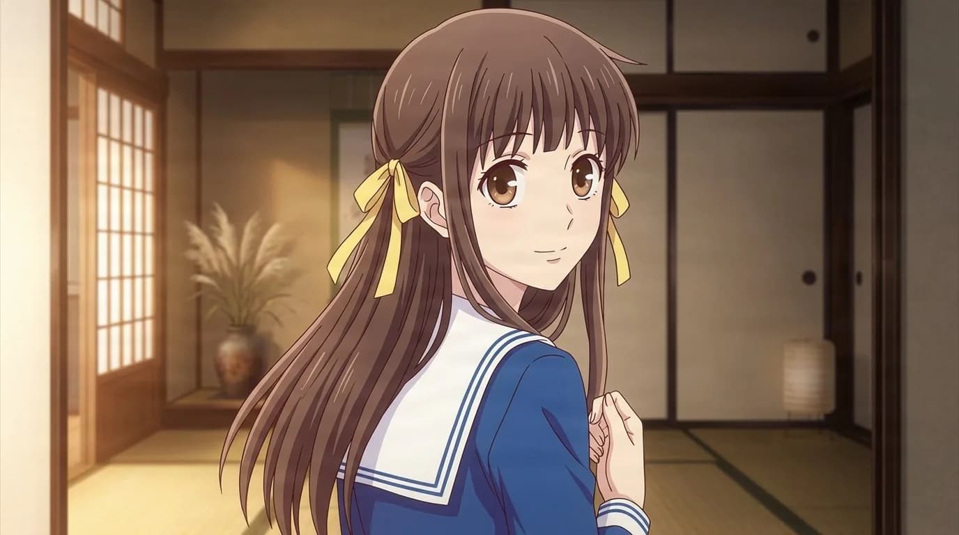 Tohru Honda with long brown hair tied in yellow ribbons and warm brown eyes, smiling over her shoulder in a blue sailor uniform inside a tatami room