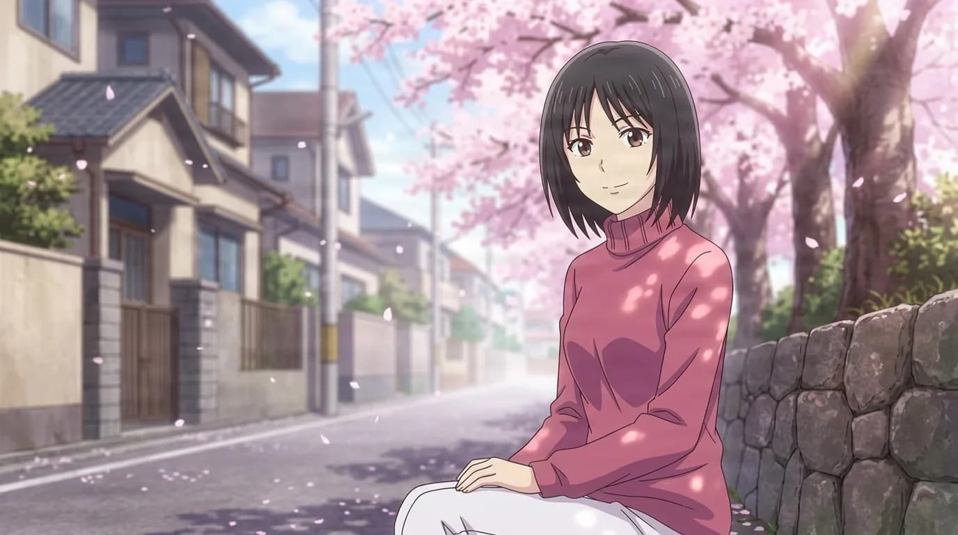 Tohru's female cousin, a short-haired woman in a rose turtleneck sitting on a low stone wall beneath cherry blossoms