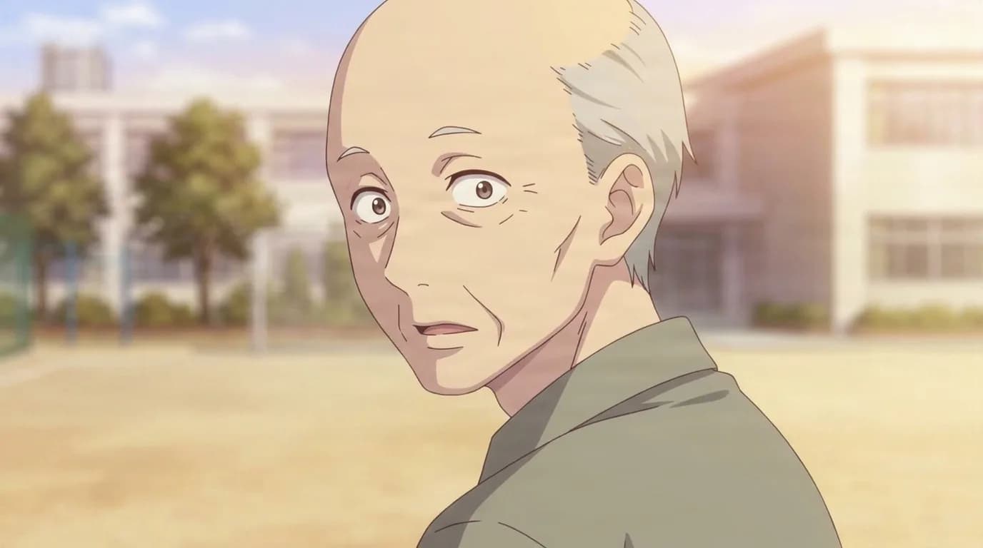 Tohru's grandfather, a bald elderly man with white side hair in an olive jacket, glancing back on a sunlit school field