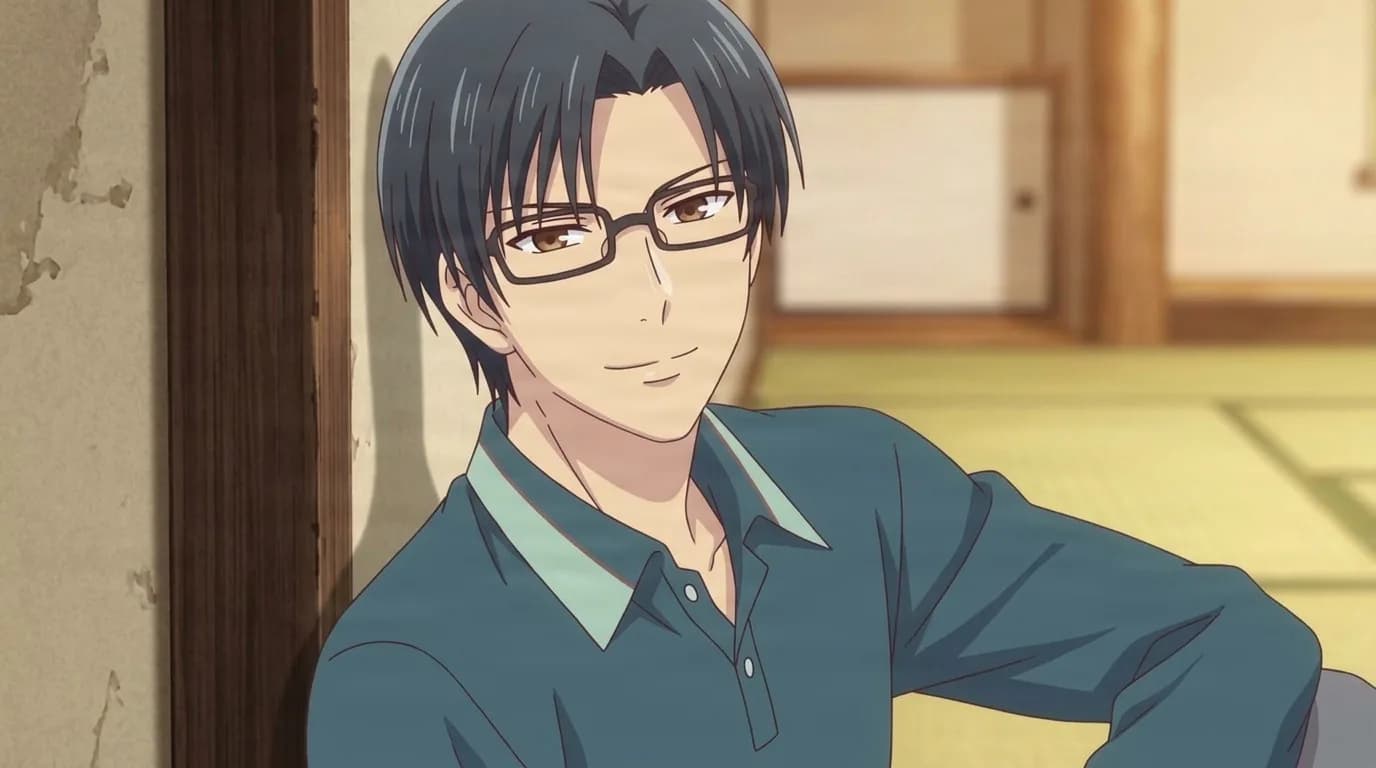Tohru's male cousin, a dark-haired man in thin glasses and a teal polo shirt, smiling as he leans against a doorframe in a tatami room