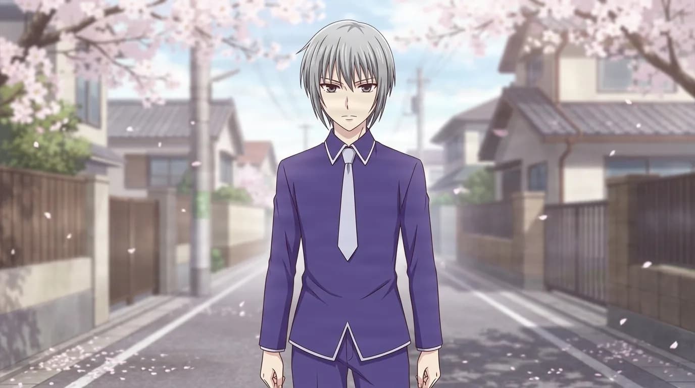Yuki Sohma with soft grey hair and violet eyes, wearing a purple school uniform with a pale tie on a street under cherry blossoms