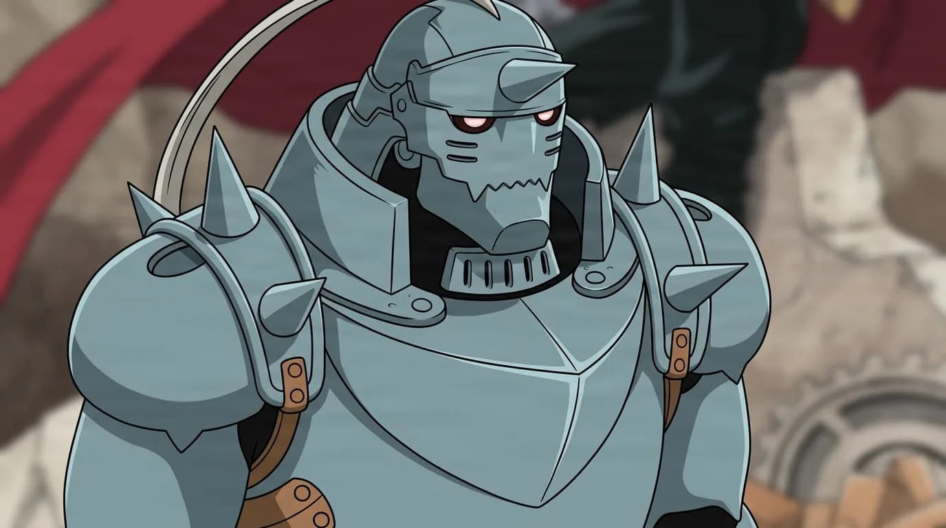 Alphonse Elric from Fullmetal Alchemist in a close-framed cel-shaded anime scene with a detailed environment