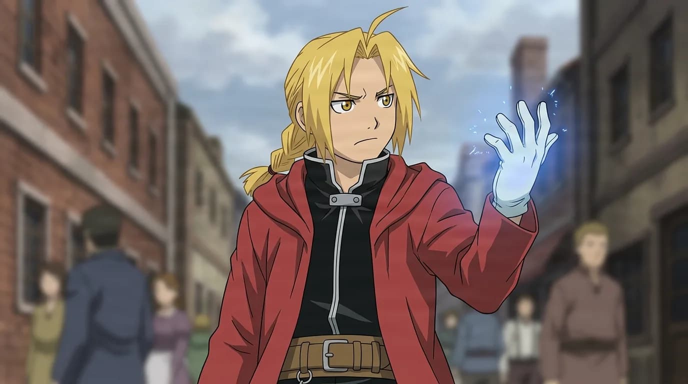 Edward Elric from Fullmetal Alchemist in a close-framed cel-shaded anime scene with a detailed environment