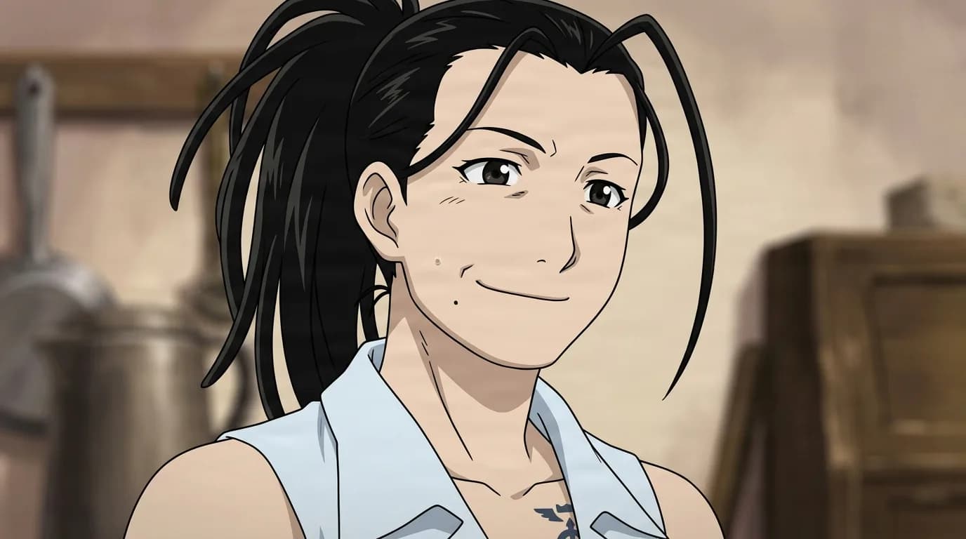 Izumi Curtis from Fullmetal Alchemist in a close-framed cel-shaded anime scene with a detailed environment