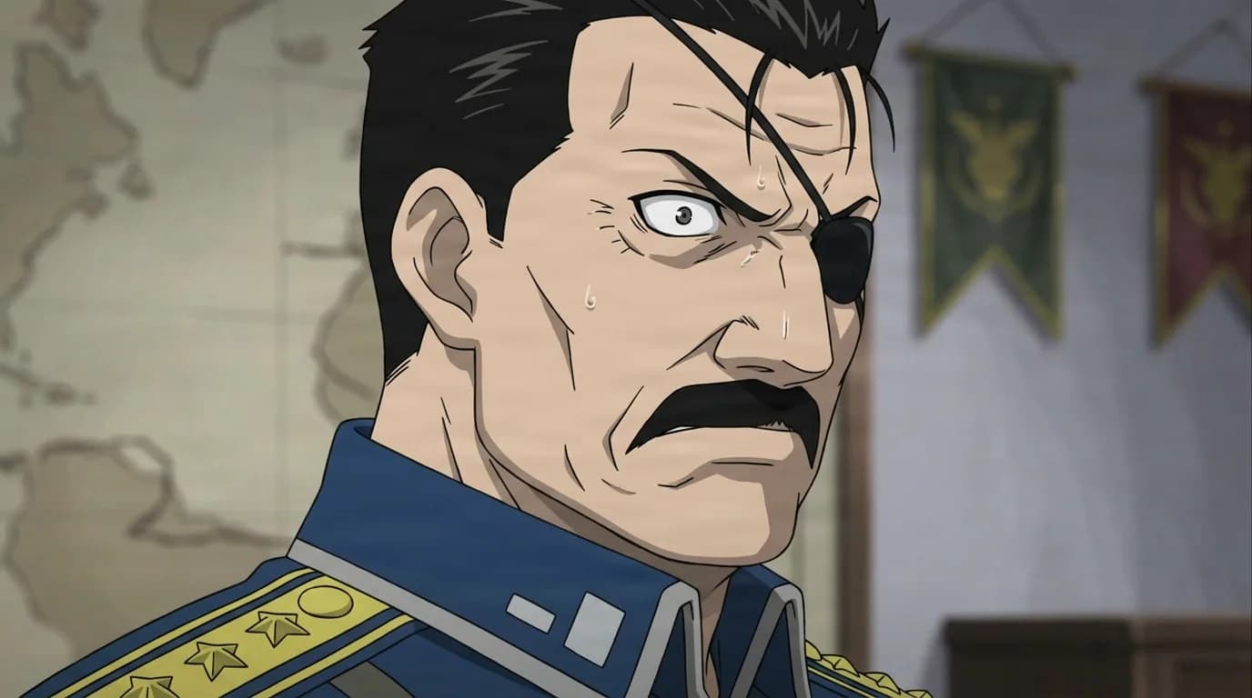 King Bradley from Fullmetal Alchemist in a close-framed cel-shaded anime scene with a detailed environment