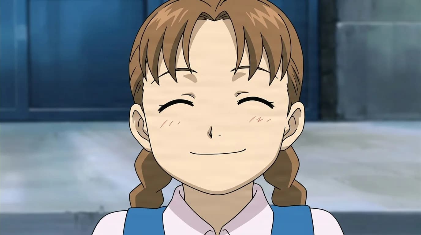 Nina Tucker from Fullmetal Alchemist in a close-framed cel-shaded anime scene with a detailed environment