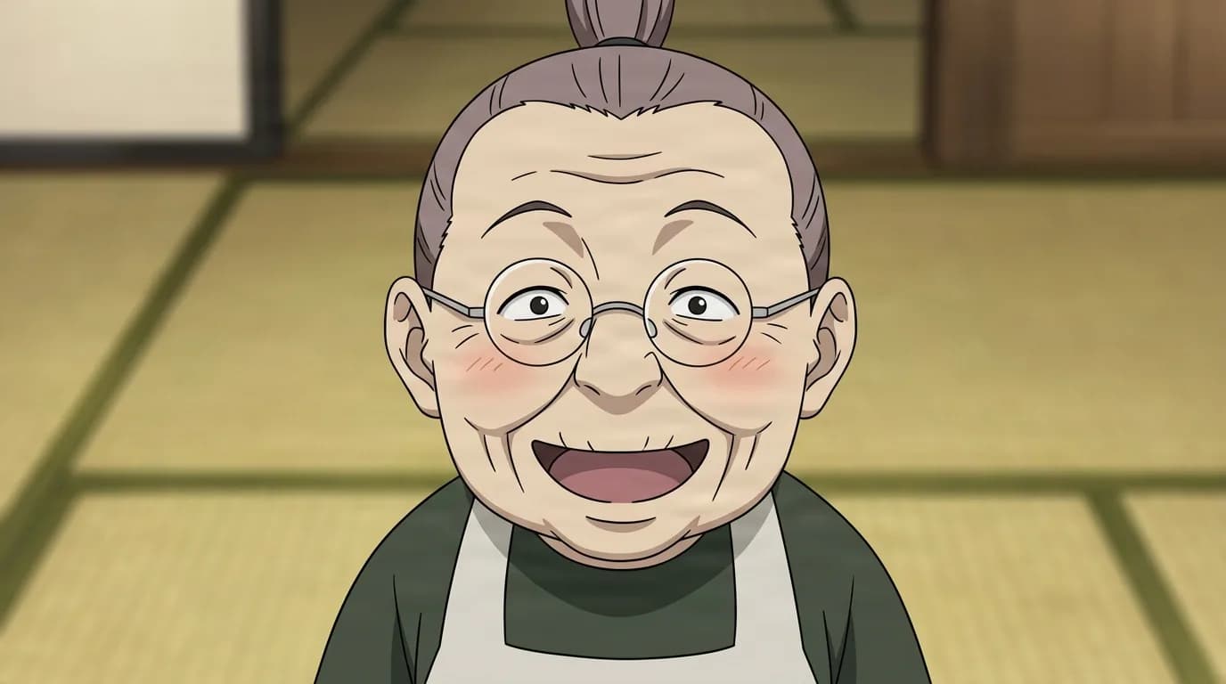 Pinako Rockbell from Fullmetal Alchemist in a close-framed cel-shaded anime scene with a detailed environment