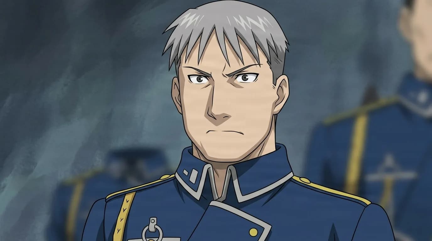 Vato Falman from Fullmetal Alchemist in a close-framed cel-shaded anime scene with a detailed environment