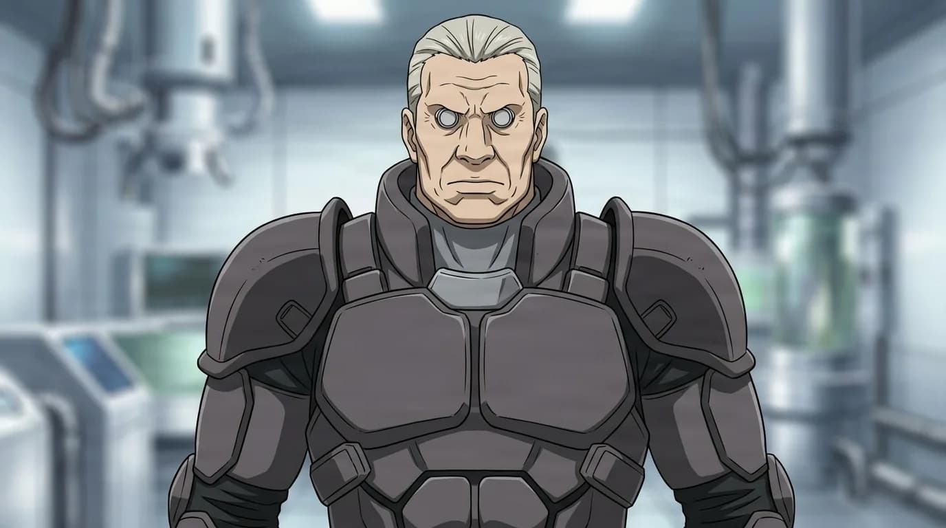 Batou standing grim faced in a sterile lab, silver cybernetic eyes and swept back grey hair, in heavy grey combat armor