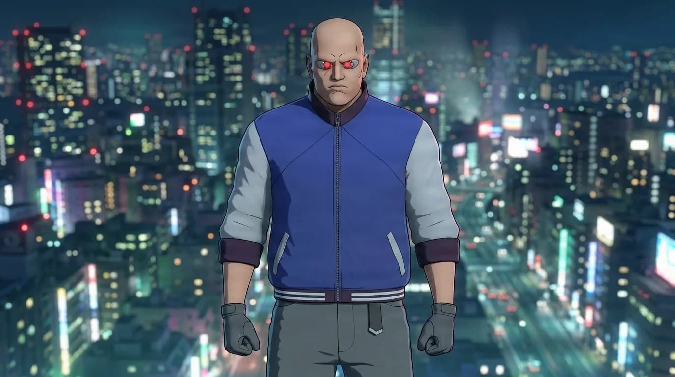 Borma, a large bald man with glowing red cybernetic eyes in a blue varsity jacket, stands before a night city skyline.