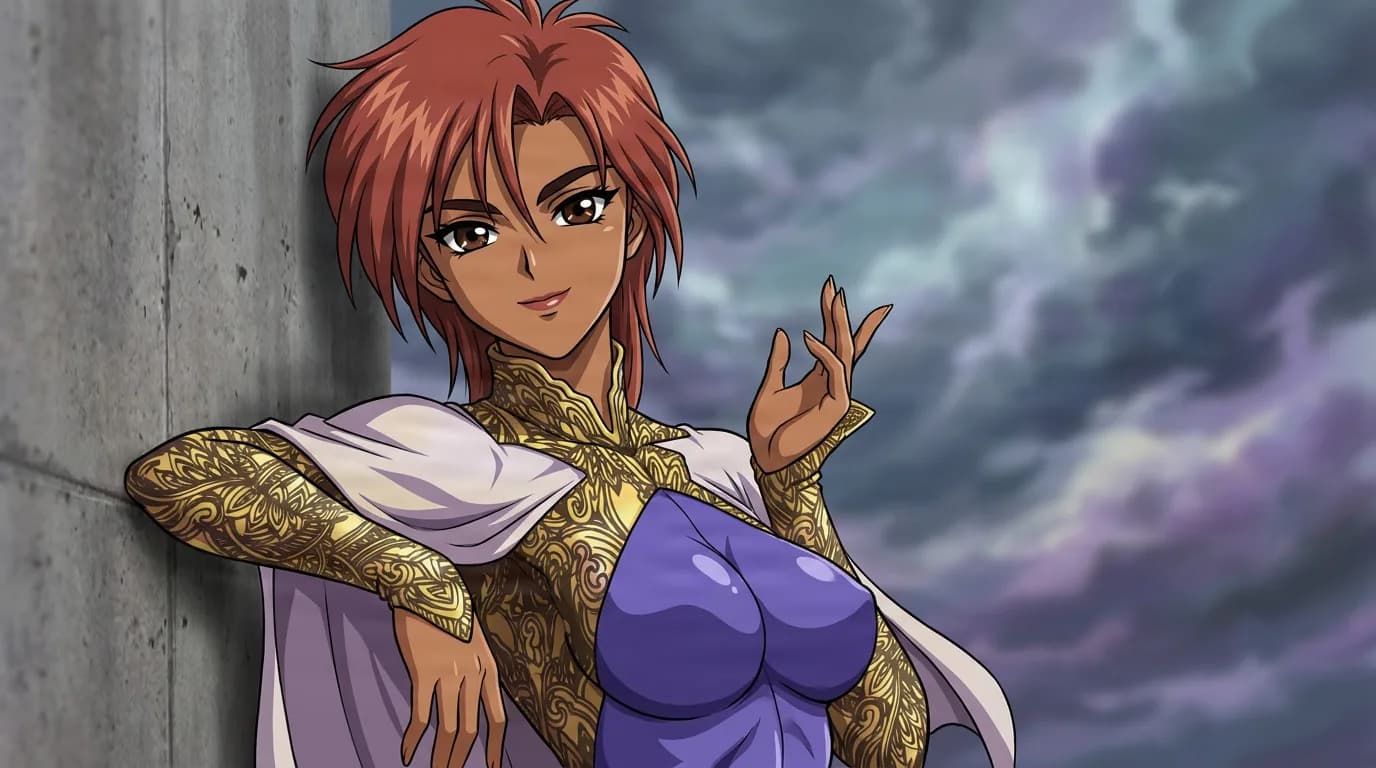 Chroma, a red-haired woman in an ornate purple and gold dress, leans against a concrete wall beneath a stormy purple sky.