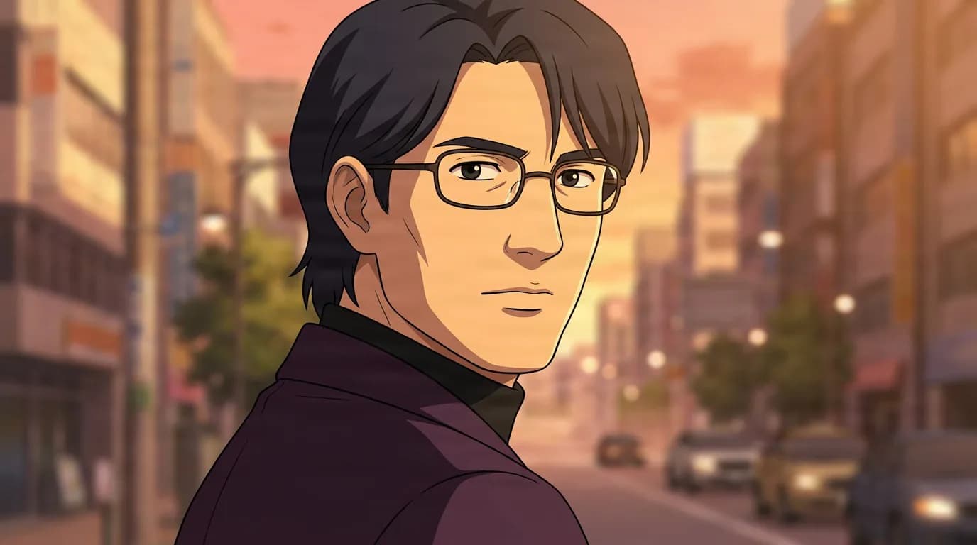 Dobashi, a man with glasses in a dark purple jacket, looks over his shoulder on a city street at sunset.