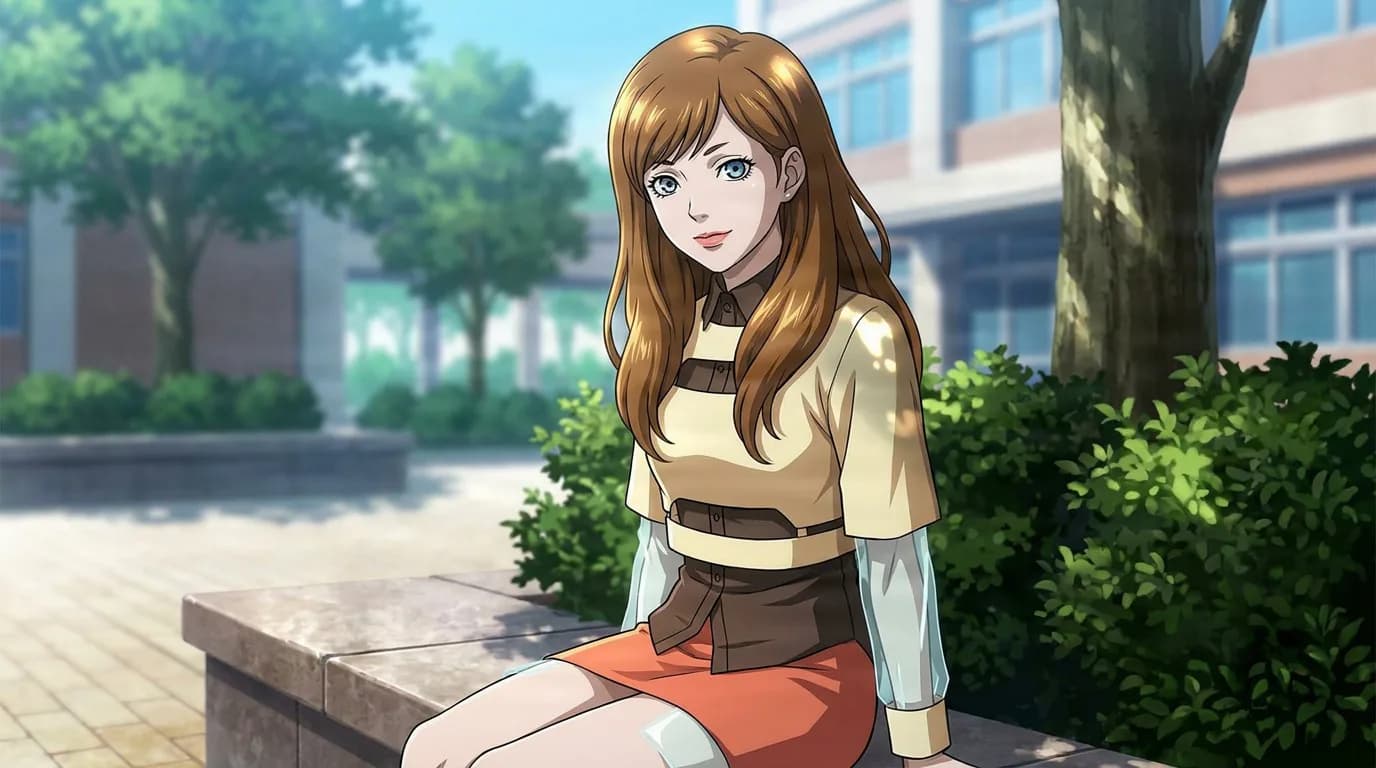 Emma Tsuda, a long-haired young woman in a layered beige top and orange skirt, sits on a bench in a sunny school courtyard.