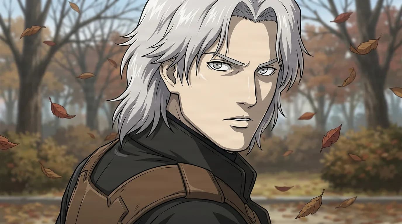Hideo Kuze, a silver-haired man in a brown jacket, looks over his shoulder amid falling autumn leaves.