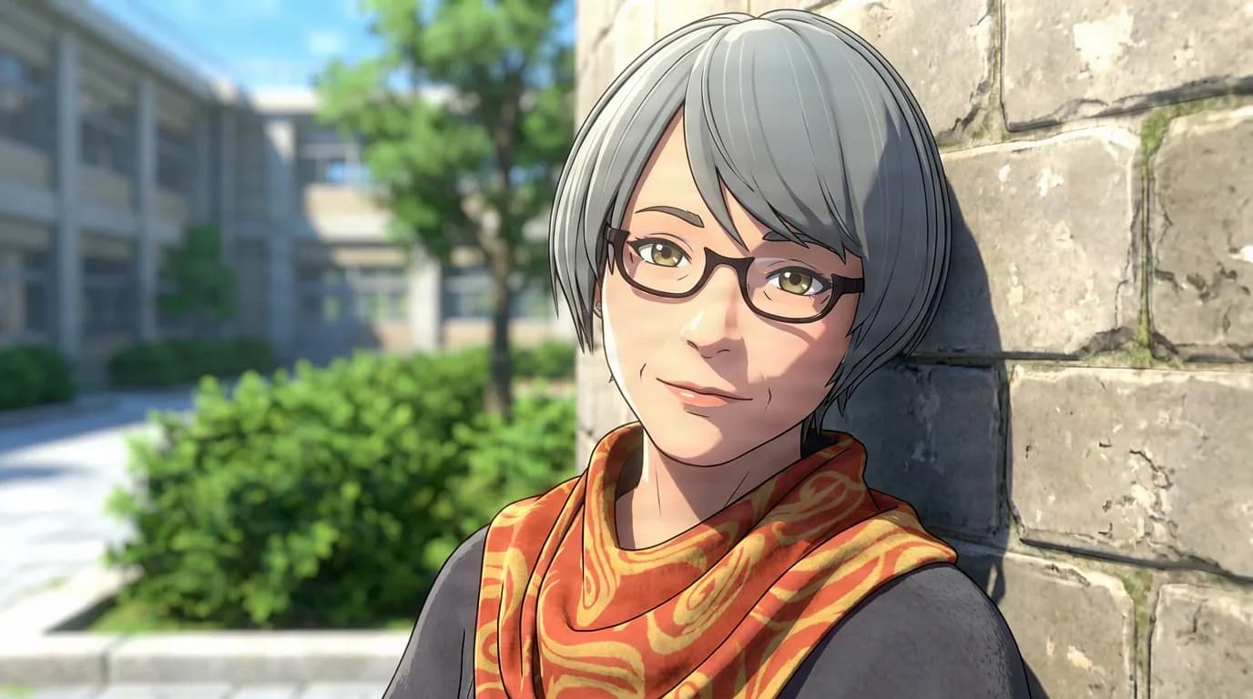 Kaede, a short gray-haired woman with glasses and an orange scarf, leans against a stone wall in a sunny courtyard.