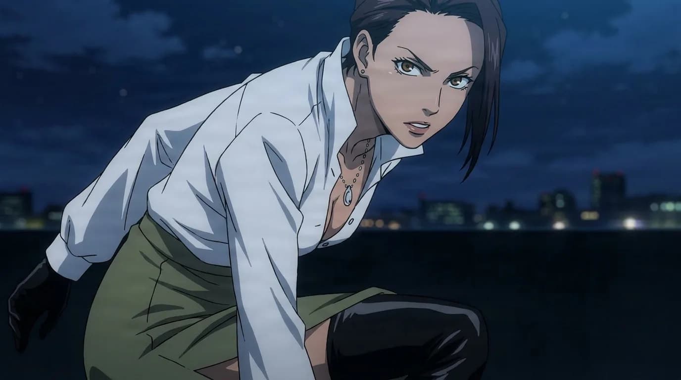Kurutsu, a dark-haired woman in a white blouse and green skirt, crouches looking back against a night skyline.