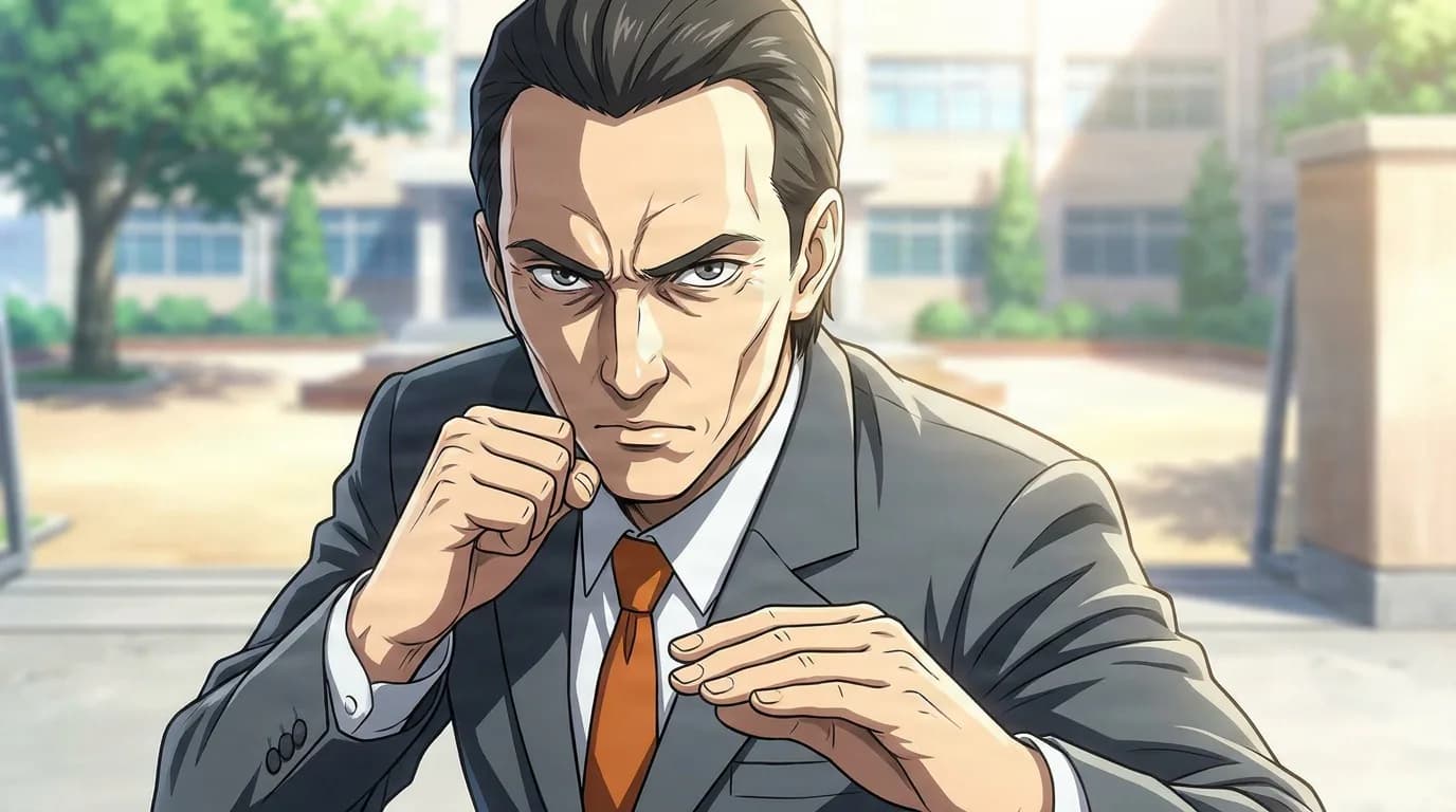 Kusunoki, a dark-haired man in a gray suit and orange tie, raises his fists in a fighting stance in a school courtyard.
