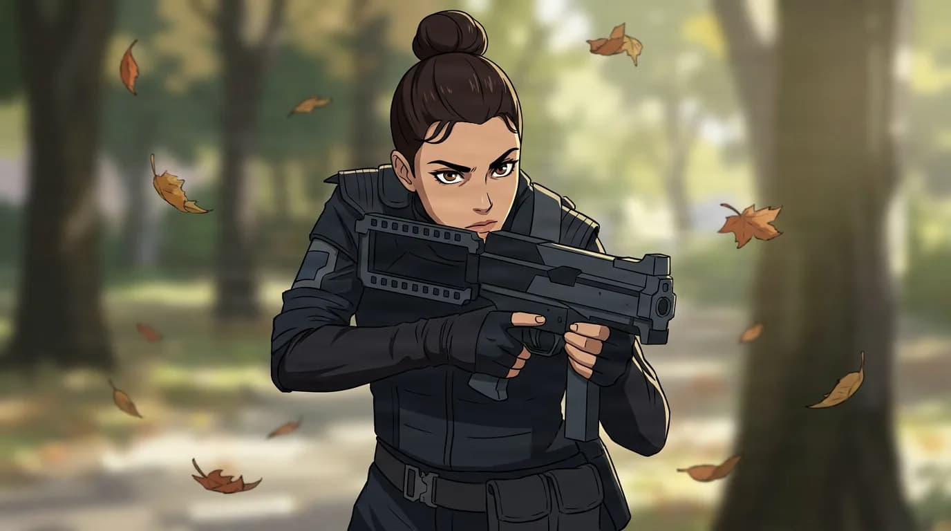Ladriya, a brown-haired woman in a bun and black tactical gear, aims a submachine gun in an autumn park.