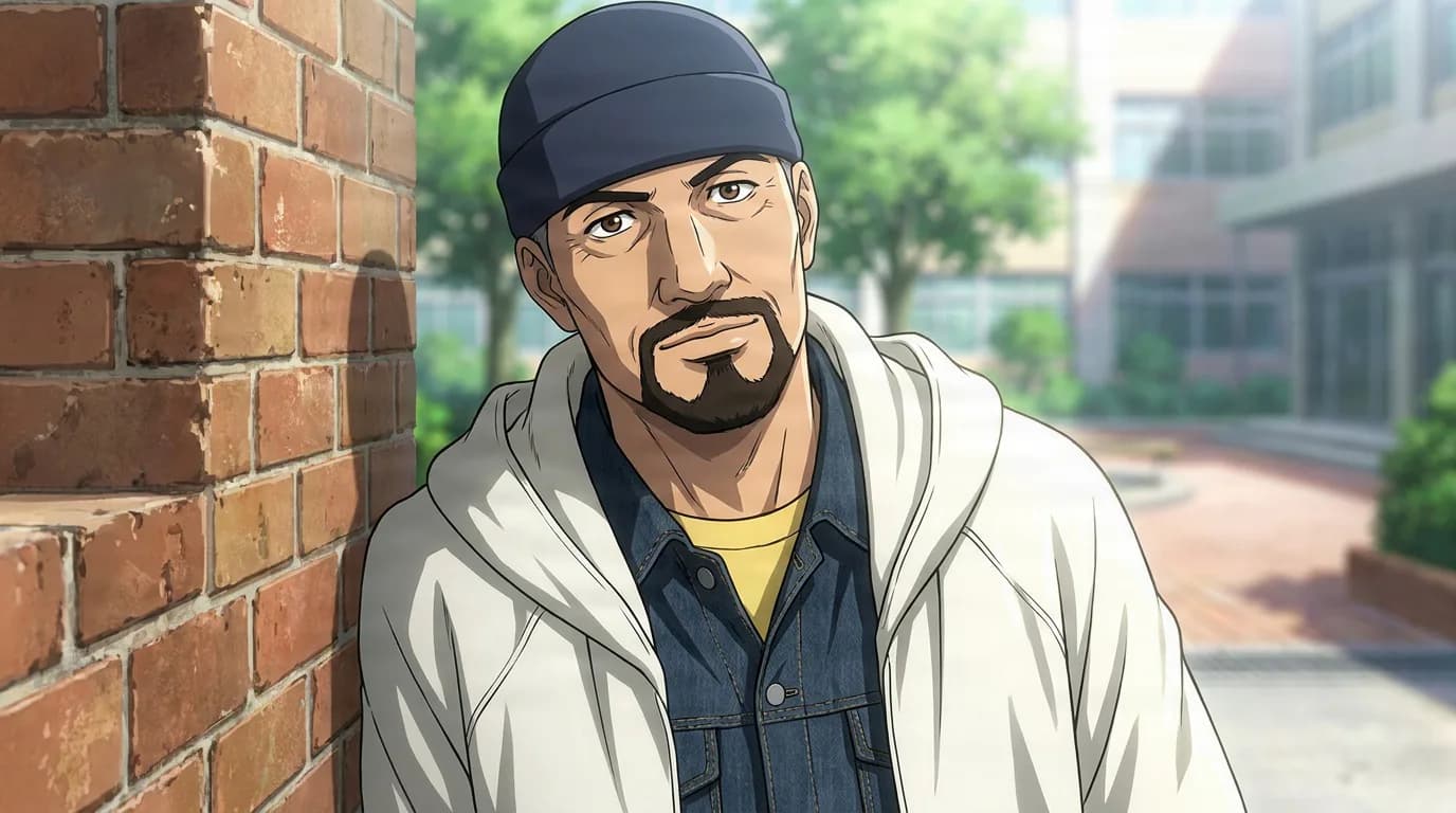 Marco Amoretti, a bearded man in a dark beanie and white hooded jacket, leans against a brick wall.