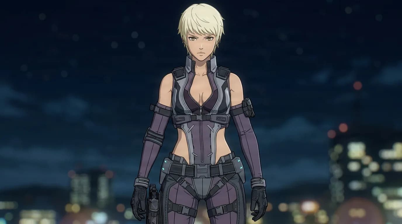 Maven, a short blond-haired woman in a purple tactical bodysuit, stands on a rooftop against a night skyline.