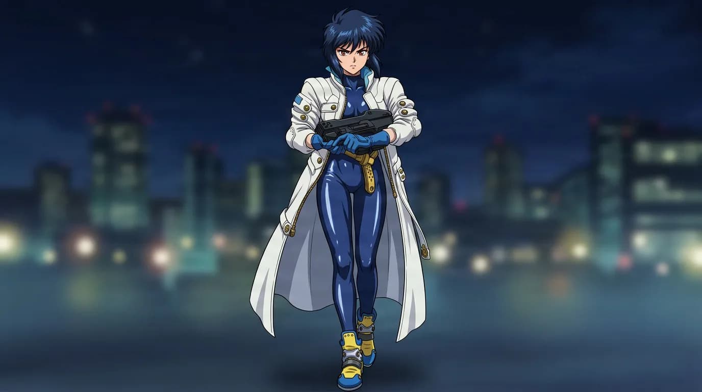 Motoko Kusanagi, a blue-haired woman in a blue bodysuit and white coat, holds a pistol in a nighttime cityscape.