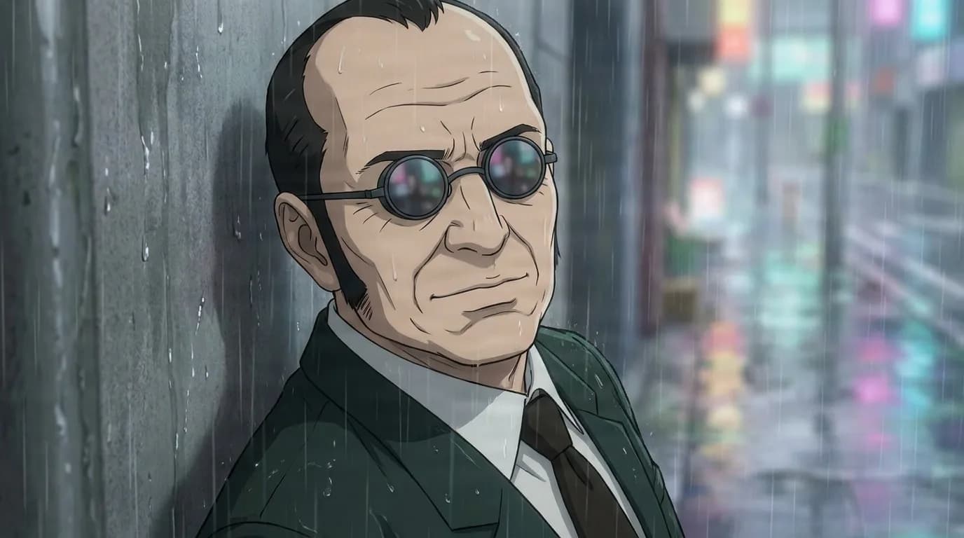 Nakamura, an older balding man in round dark glasses and a green suit, leans against a wall on a rainy neon city street.