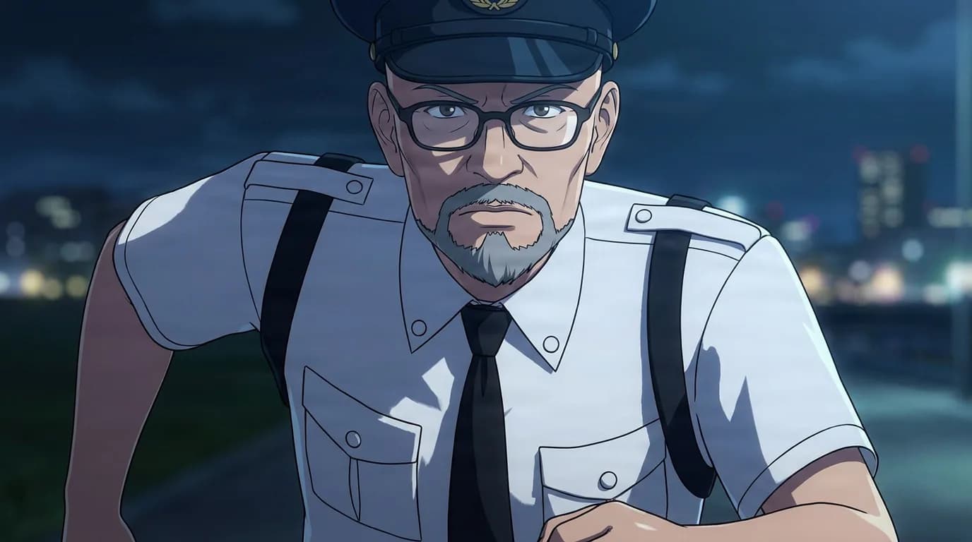 Nashida, a gray-bearded man in a white uniform shirt, tie, and peaked cap, leans forward at night.
