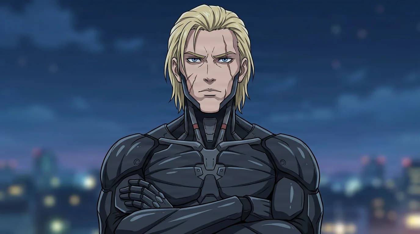 Puppet Master, a blond man with a scarred face in sleek black armor, stands with crossed arms against a night skyline.