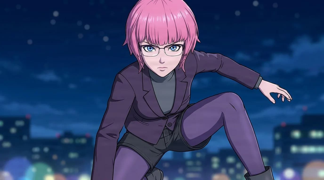 Purin Ezaki, a pink-haired young woman with glasses in a dark blazer, crouches on a rooftop against a night skyline.