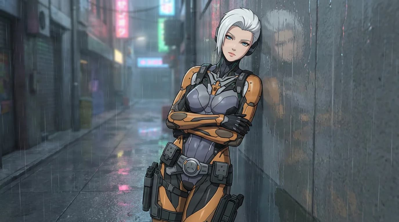 Reiko, a white-haired woman in an orange and gray cybernetic combat suit, stands with arms crossed in a rainy neon alley.